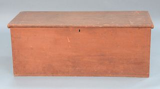 Lift Top Blanket Chest with dovetail construction and original red paint.
height 17 1/2 inches, top 18" x 43 1/2".