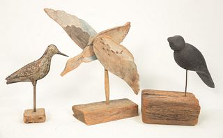 Three Carved Bird Figures to include one crow, comes with stand and support, height 14 1/2 inches; one Strather and Sohier, "Tinnie"...