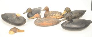 Group of Six Duck Decoys to include three oversized black ducks by Sam Collins (or family), Essex, Connecticut, solid body construct...