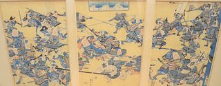 Three Japanese Woodblocks, horizontal triptych of warrior and samurai figures fighting, each panel 13 1/2" x 9 1/2", all with pentag...