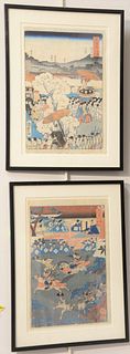 Two Japanese Woodblock Prints, 18th century or later, Samurai on horses and Emperor in a parade.
sheet size 13 1/2 inches x 9 1/2 in...