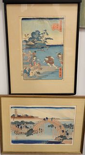 Group of Four Japanese Woodblocks or Woodcuts to include Kunisada (1801 - 1864) figure holding signs, Tall Bridge, Hiroshige mountai...