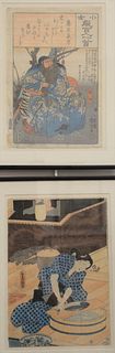 Group of Four Japanese Woodblock Prints and Portraits, 19th century or later, to include brushing and washing hair, signed; Geisha w...