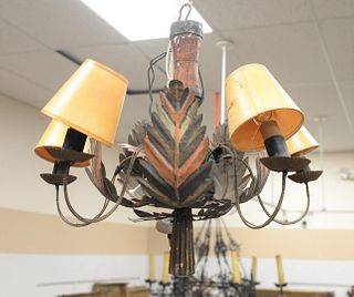 Folk Art painted chandelier, 19th century having a painted center column and five arms, with five tole painted leaf design sections. Diameter: 27 inc