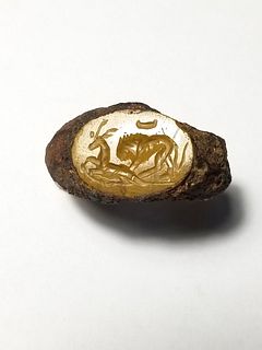 Iron Roman Ring Fragment with Yellow Jasper Intaglio of Deer and Lion 