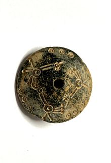 Ancient Roman Stone Spindle Whorl with birds c.1st-4th century AD. Size 1 1/2 inches diameter. Ex NYC Collection.