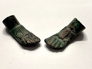 A Pair of Ancient Roman Bronze Feet c.2nd century Ad. Size 2 1/4 inches length. Ex NYC.