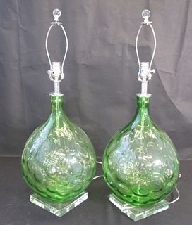 Midcentury Pair Of Large Green Glass Lamps
