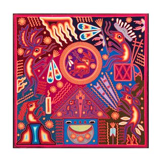Textil de la leyenda del Hikuri. México Siglo XX. Estilo Wixárika. Hilos de colores sobre madera. 60 x 60 cm