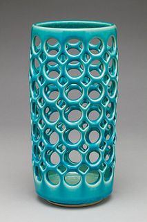 Pierced Cylindrical Turquoise Vessel/Candleholder