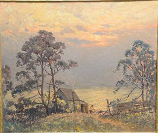 Frederick Mortimer Lamb (1861 - 1936), oil; Autumn New England Shore, signed lower left "F.M. Lamb". 18 1/2" x 21 1/2"