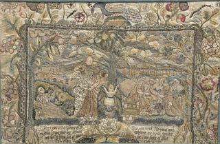 Embroidered Picture, silk and metallic thread, 17th century, silk ground with silk and metallic thread depicting central tree, left ...