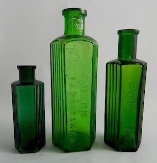 3 Poison green hexagonal bottles