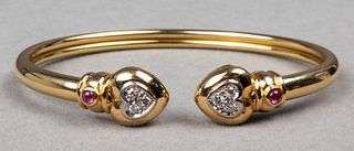 18K Gold Diamond & Ruby Heart Bangle Bracelet