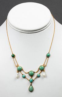 Vintage 14K Yellow Gold Turquoise & Pearl Necklace