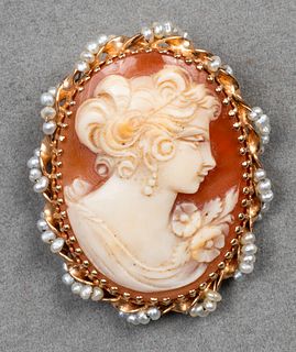 14K Yellow Gold Cameo & Seed Pearl Brooch/Pendant