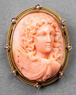 Victorian 14K Gold Coral Cameo & Pearl Brooch