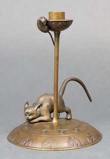 Arts & Crafts "Cat and Mouse" Bronze Candlestick