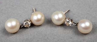 18K White Gold Diamond & Pearl Drop Earrings