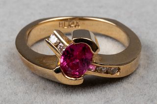 Modern 14K Yellow Gold Ruby & Diamond Ring