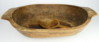 ANTIQUE FRENCH LARGE DOUGH BOWL WITH SPOON