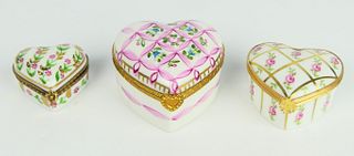 LOT OF 3 LIMOGES PORCELAIN HEART SHAPED PILL BOXES