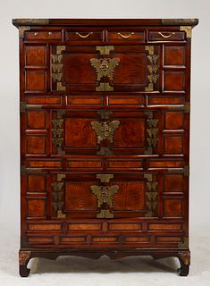 Korean Brass Butterfly Mounted Wood Cabinet