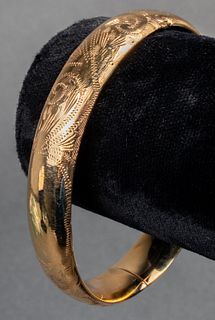 14K Yellow Gold Engraved Bangle Hinged Bracelet