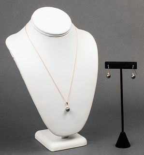 14K Yellow Gold Black Pearl Earrings & Necklace 2