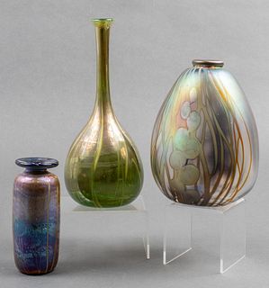 Signed Iridescent Art Glass Vases, Group of 3