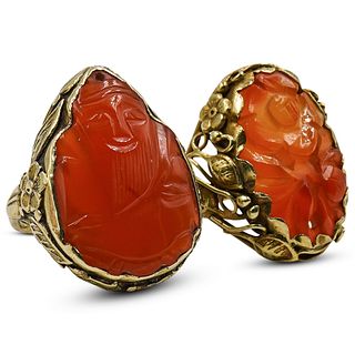 (2 Pc) 14k Gold and Carved Agate Rings