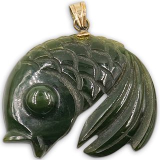 14k Gold and Carved Jade Fish