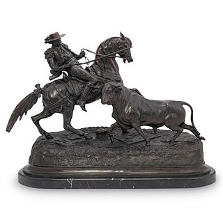 After Paul Edouard Delabrierre (French,1829-1912) "Taureau Foncant Sur Un Picador" Bronze Statue