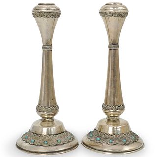 Pair Of Judaica Sterling and Turquoise Candlesticks
