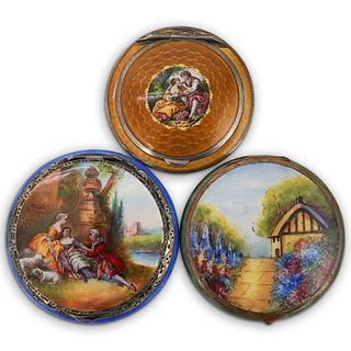 (3 Pc) Sterling and Enamel Guilloche Compact Cases