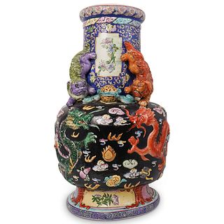 Chinese High Relief Figural Bottle Neck Vase