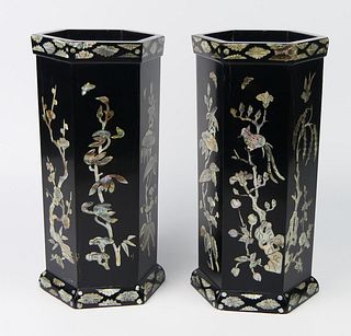 Pr ANTIQUE CHINESE MOP INLAY BLACK LACQUER VASES