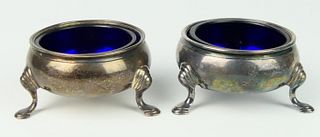 PAIR OF ANTIQUE STERLING FOOTED COBALT LINED SALTS