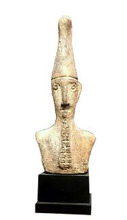 Parthian Style Terracotta Bist of Bearded man wearing headdress. Size 5 3/4 inches high + mount. Unusual Molded terracotta bust of bearded man wearing