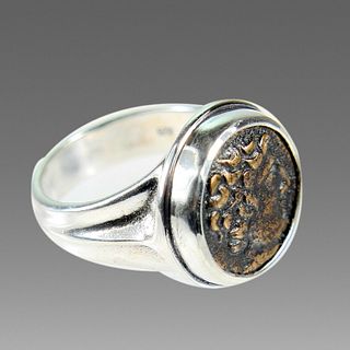 Ancient Greek Bronze Coin Set in Silver Ring. 