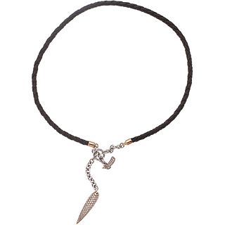 LEATHER CHOKER WITH 18K WHITE AND PINK GOLD PENDANTS WITH DIAMONDS.  