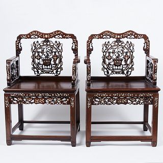 Pr Chinese Qing Dynasty Inlaid Rosewood Chairs