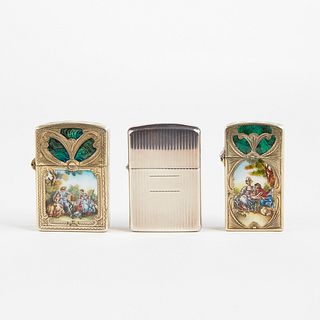 Grp: 3 Sterling Silver and Enamel Zippo Lighters