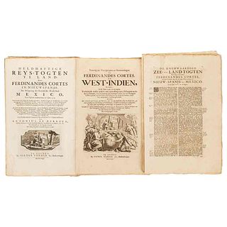 Herrera y Tordesillas, Antonio de. Tres Obras en Neerlandés sobre Hernán Cortés. Leyden: Pieter Vander Aa, ca. 1707. Piezas: 3.
