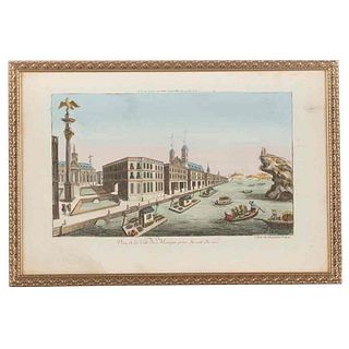 Daumont. Vue de la Ville du Mexique Prise du Côté du Lac. Paris: Chez Huquier Fils., ca. 1770. Grabado coloreado.