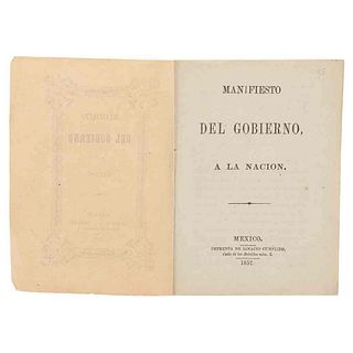 Comonfort, Ignacio - Montes, Ezequiel - Llave, Ignacio de la. Manifiesto del Gobierno a la Nación. Marzo 4, 1857. México, 1857.