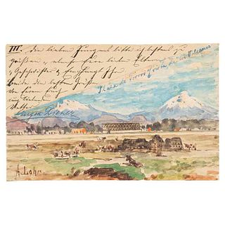 Lohr, August. Plaza de Toros y Vista de los Volcanes. México: 1897. Tarjeta postal. Con una acuarela original de August Lohr.