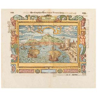 Münster, Sebastian. Der Königlichen Statt Neapels Abcontrafehtung. (La Fiesta Real en Nápoles). Basilea, 1550. Mapa coloreado.