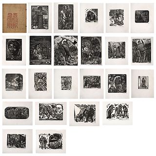 LEOPOLDO MÉNDEZ, 25 prints of Leopoldo Méndez, Signed, Woodcuts without print number on Japanese paper, 11 x 9" (28 x 23 cm), Pieces: 23