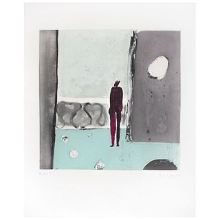 JOY LAVILLE, Mujer en balcón, Signed, Aquatint and sugar on print 11 / 40a, 11.8 x 11.8" (30 x 30 cm)